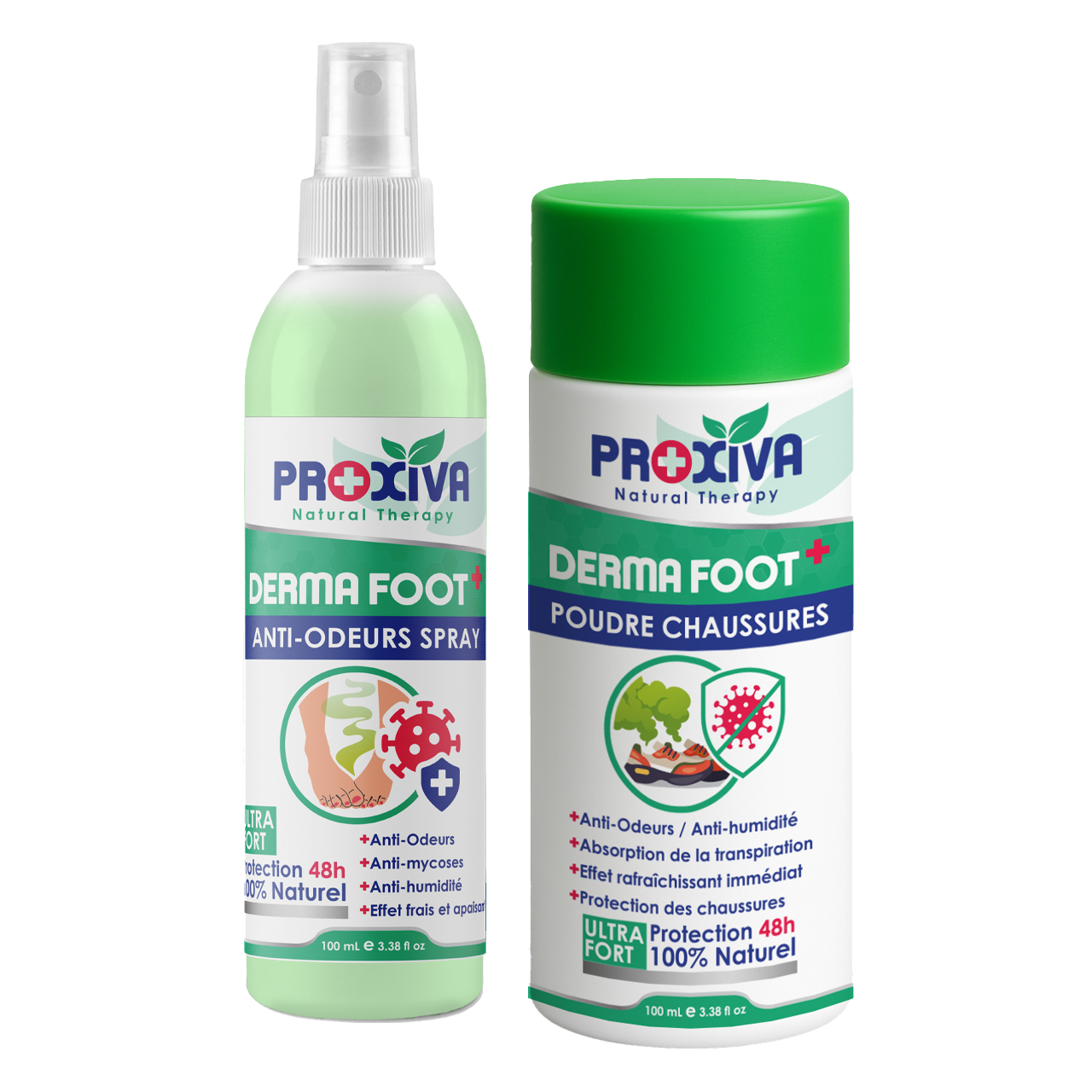 DERMA FOOT+ – Poudre Chaussures et Spray Anti-Odeurs Pieds 48h Proxiva®