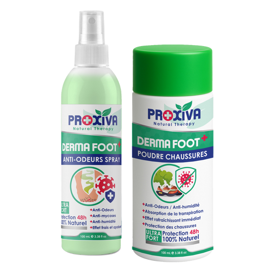 DERMA FOOT+ – Poudre Chaussures et Spray Anti-Odeurs Pieds 48h Proxiva®